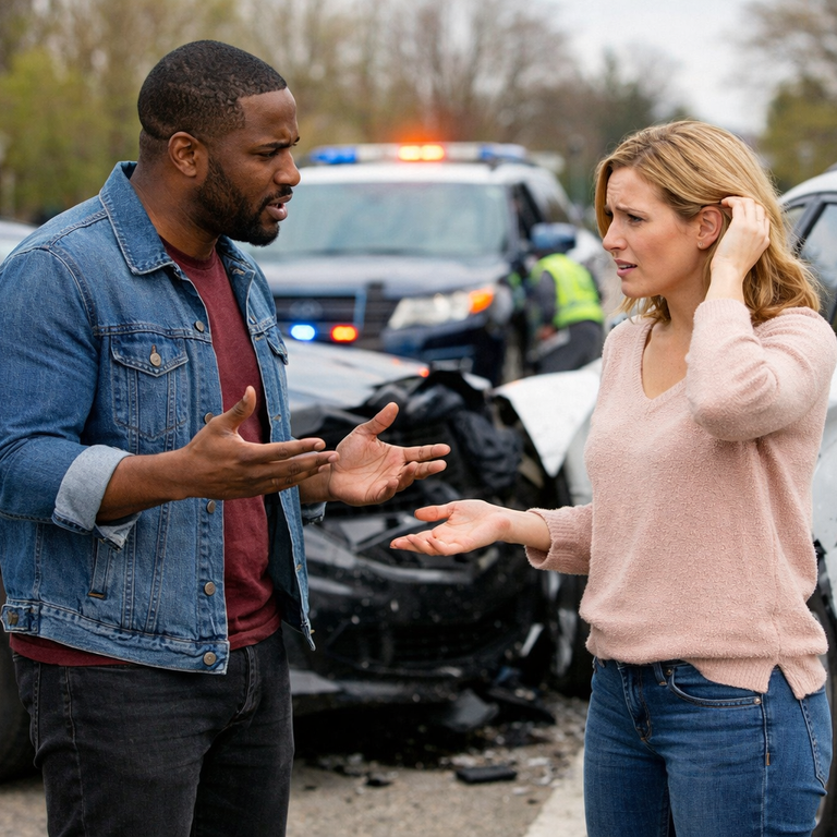 A man and woman converse near a damaged car, discussing the accident that caused the vehicle's damage