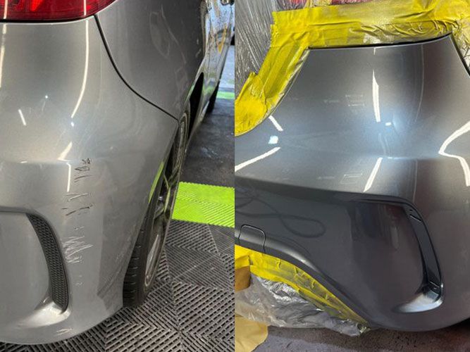 A before and after photo showing the before on the left with scratches to a vehicle bumper and the right showing the bumper following repair