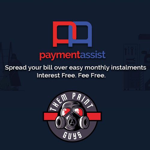 The red and blue Payment Assist logo with the Them Paint Guys logo showing interest free, fee free and monthly instalment options