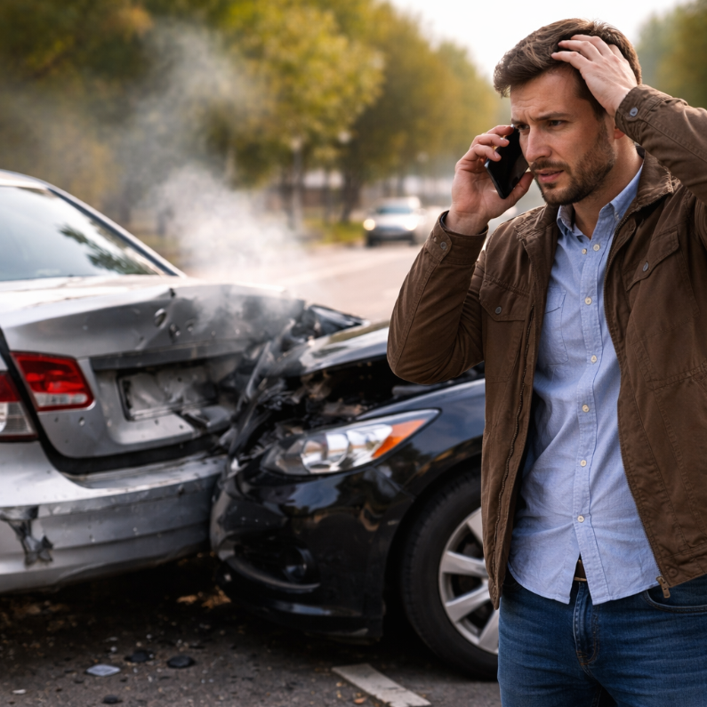 A man speaks on his phone to Them Paint Guys beside a damaged car, asking for help following a non-fault accident.