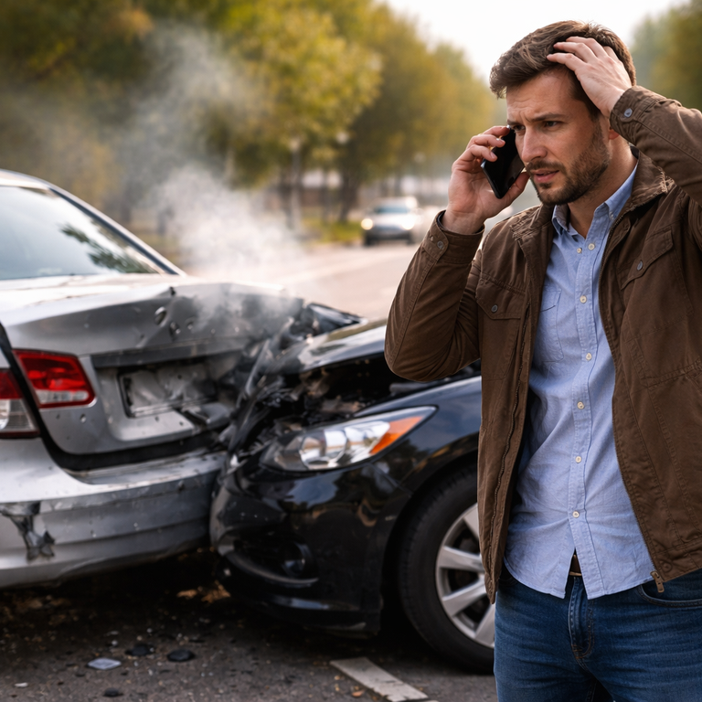 A man speaks on his phone to Them Paint Guys beside a damaged car, asking for help following a non-fault accident.